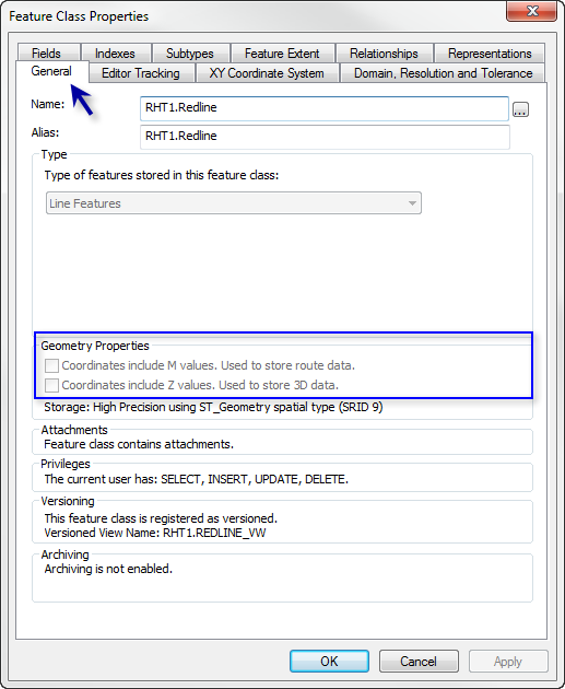 Confirming m- and z-values are disabled for the redline feature class